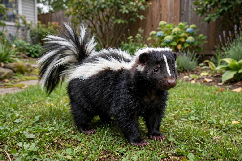 Striped skunk on grass